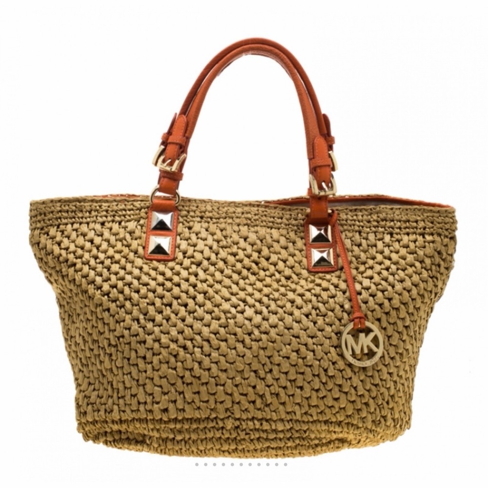 MICHAEL Michael Kors Beige/Orange Raffia and Leather Basket Tote